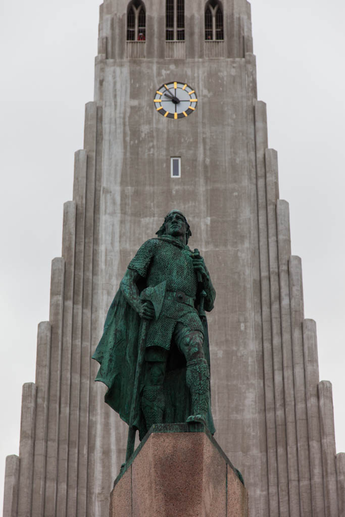Leifur Eiriksson outside of the Hallgrimskirkja church