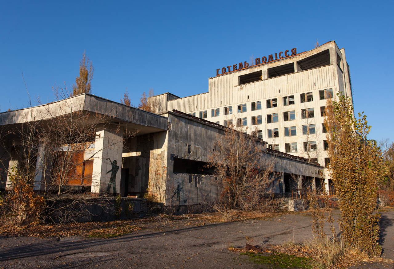 Hotel in Pripyat (with commissioned modern artwork on the column)