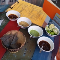 Homemade blue corn chips with a variety of salsas